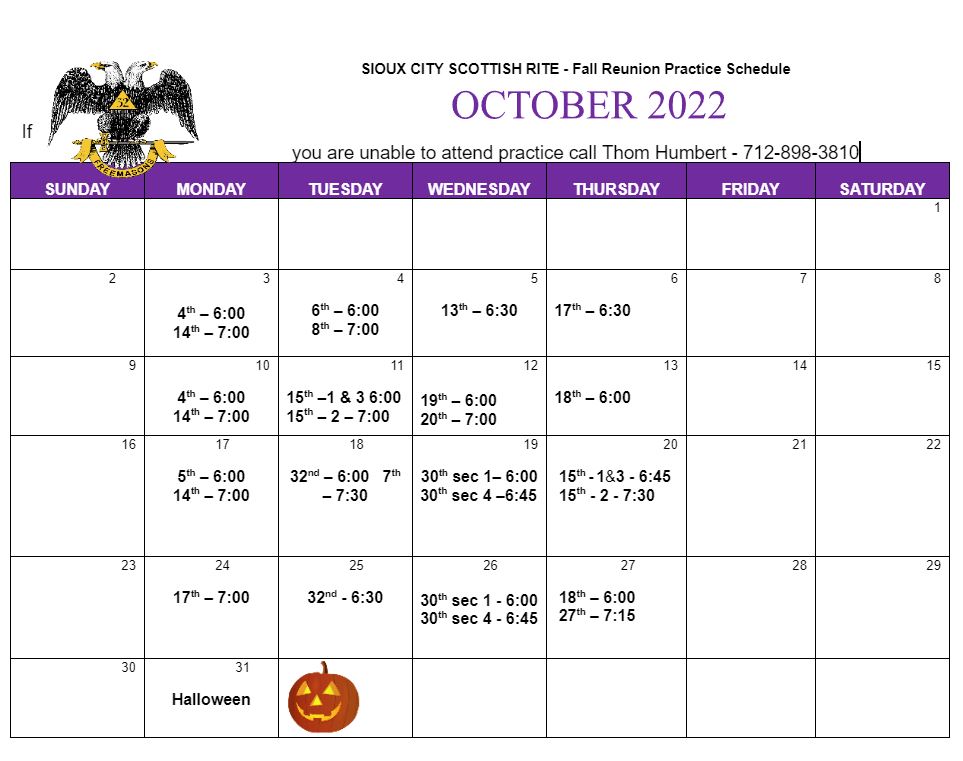 Fall Reunion Practice Schedule